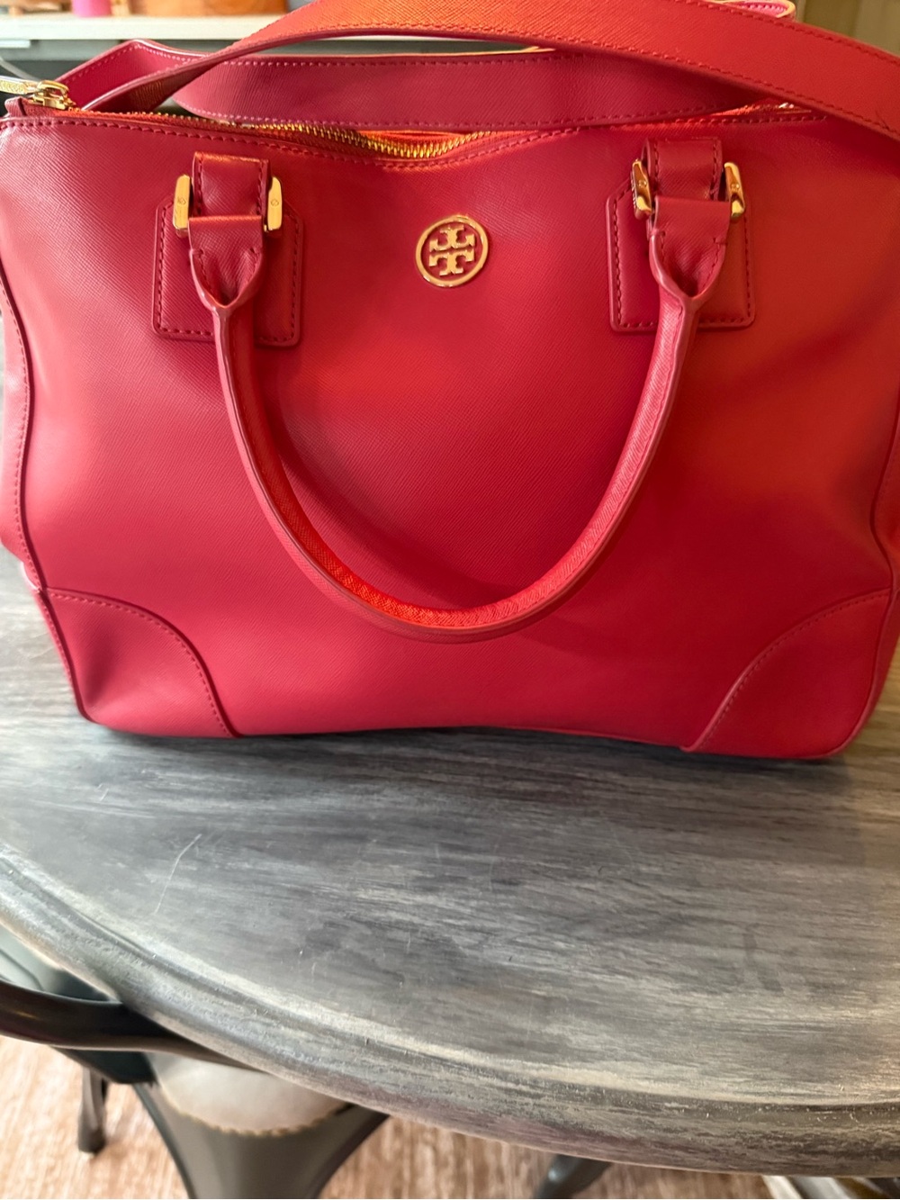 Tory Burch Bright Red Leather Satchel with Gold Hardware